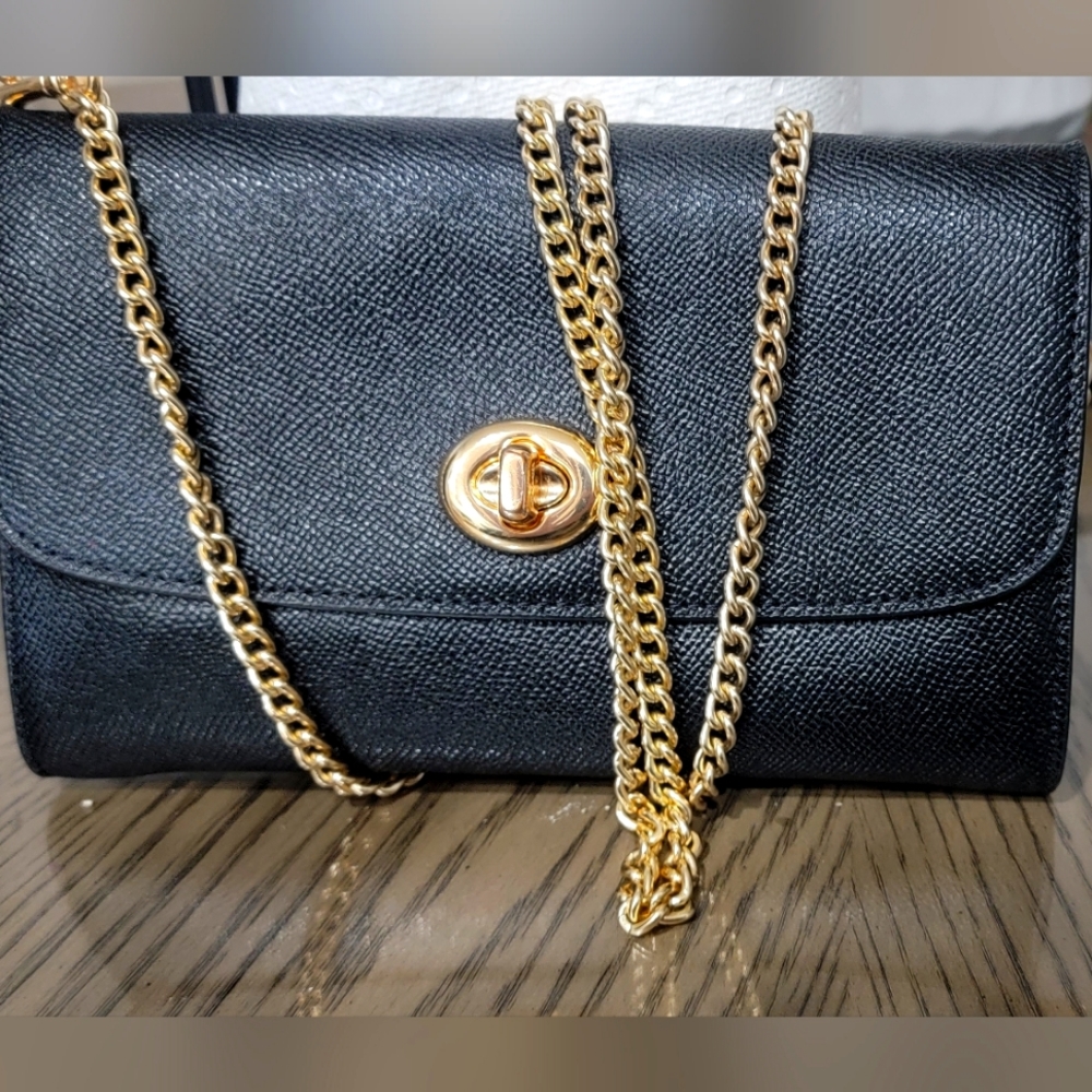 Coach black leather/gold chain pocketbook/crossbody purse